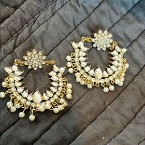 Gold and White Crescent Earrings with Floral Design